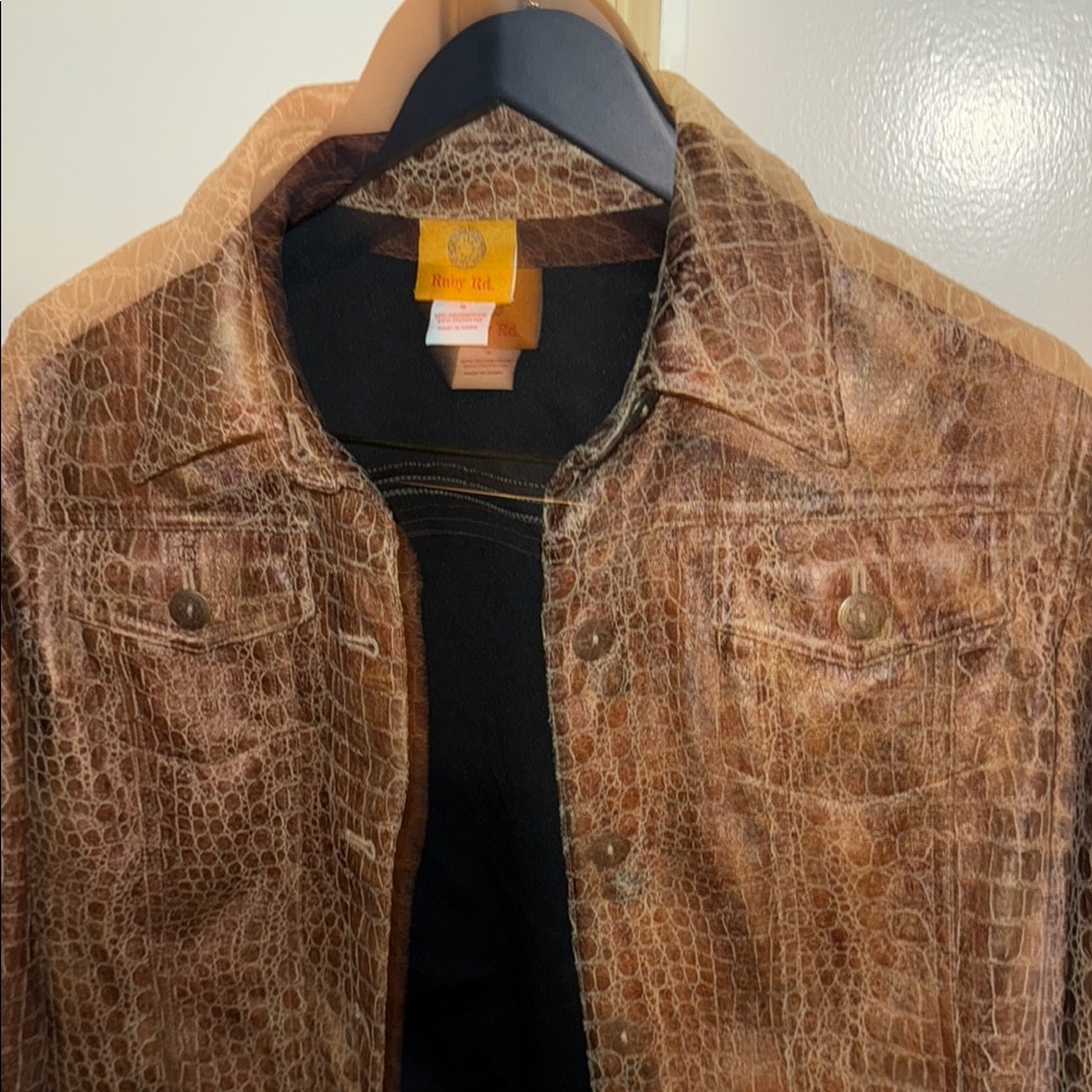 Ruby Rd. Brown Croc-Embossed Faux Leather Jacket - Picture 3 of 7